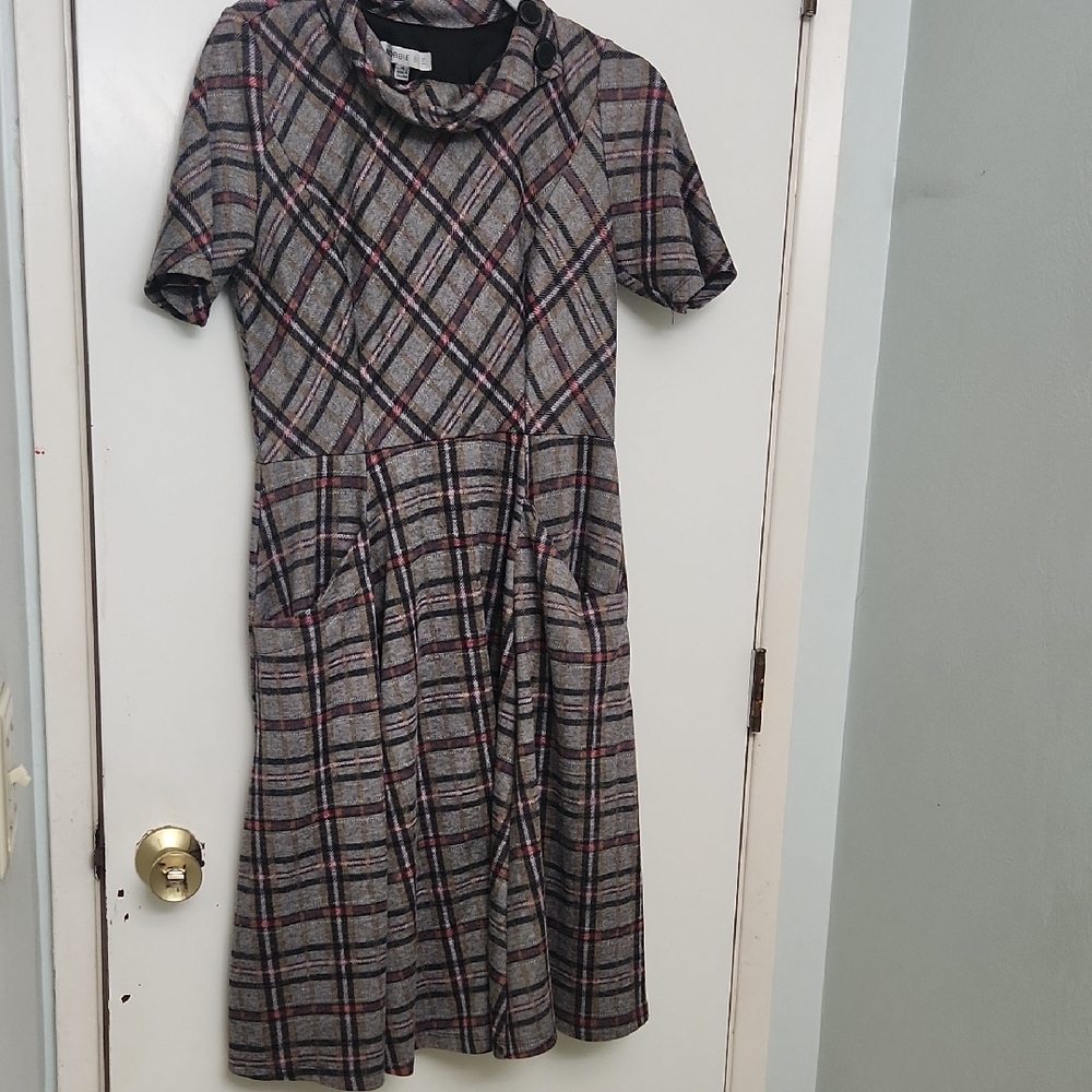 Robbie Bee Gray and Red Plaid Midi Dress